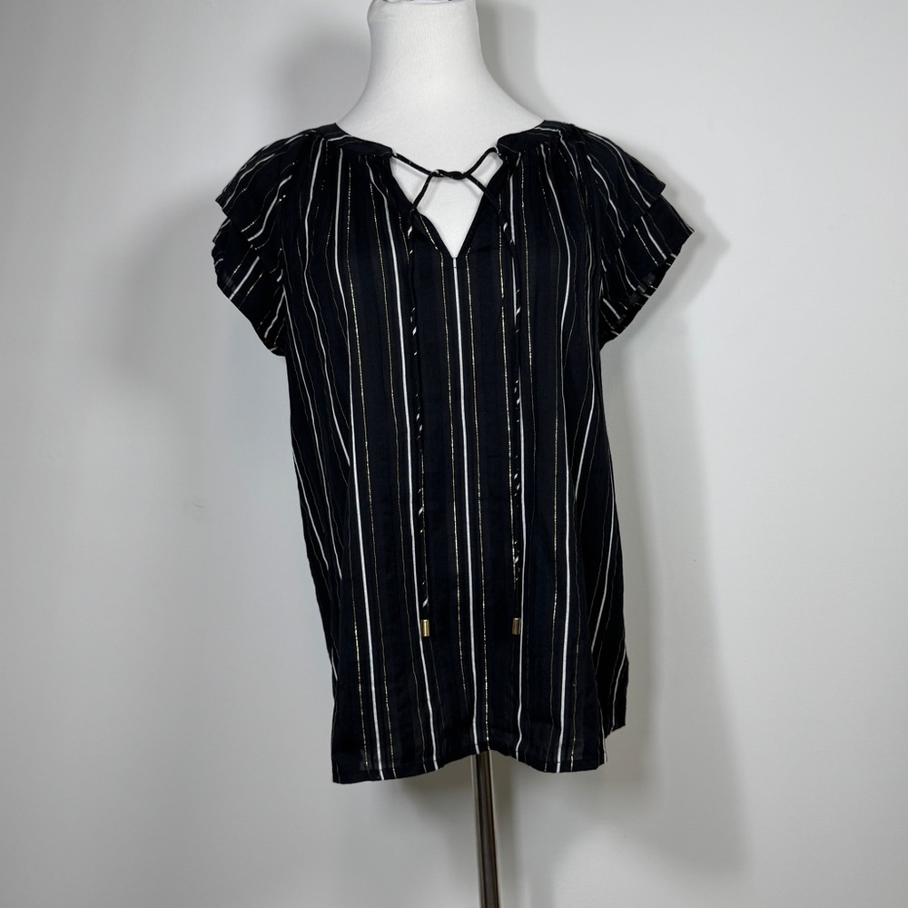 Ann Taylor Women’s Black White Gold Metallic Stripe Flutter Sleeve Tie Neck Top‎ - Picture 3 of 10